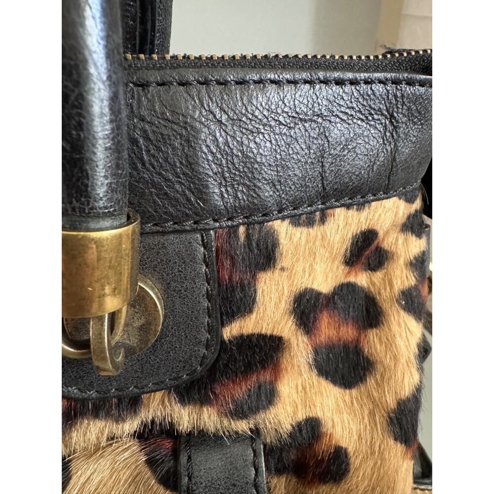 Vintage 90s Nordstrom Leopard Calf Hair & Leather Satchel Bag – Turn Lock Black - Picture 4 of 13